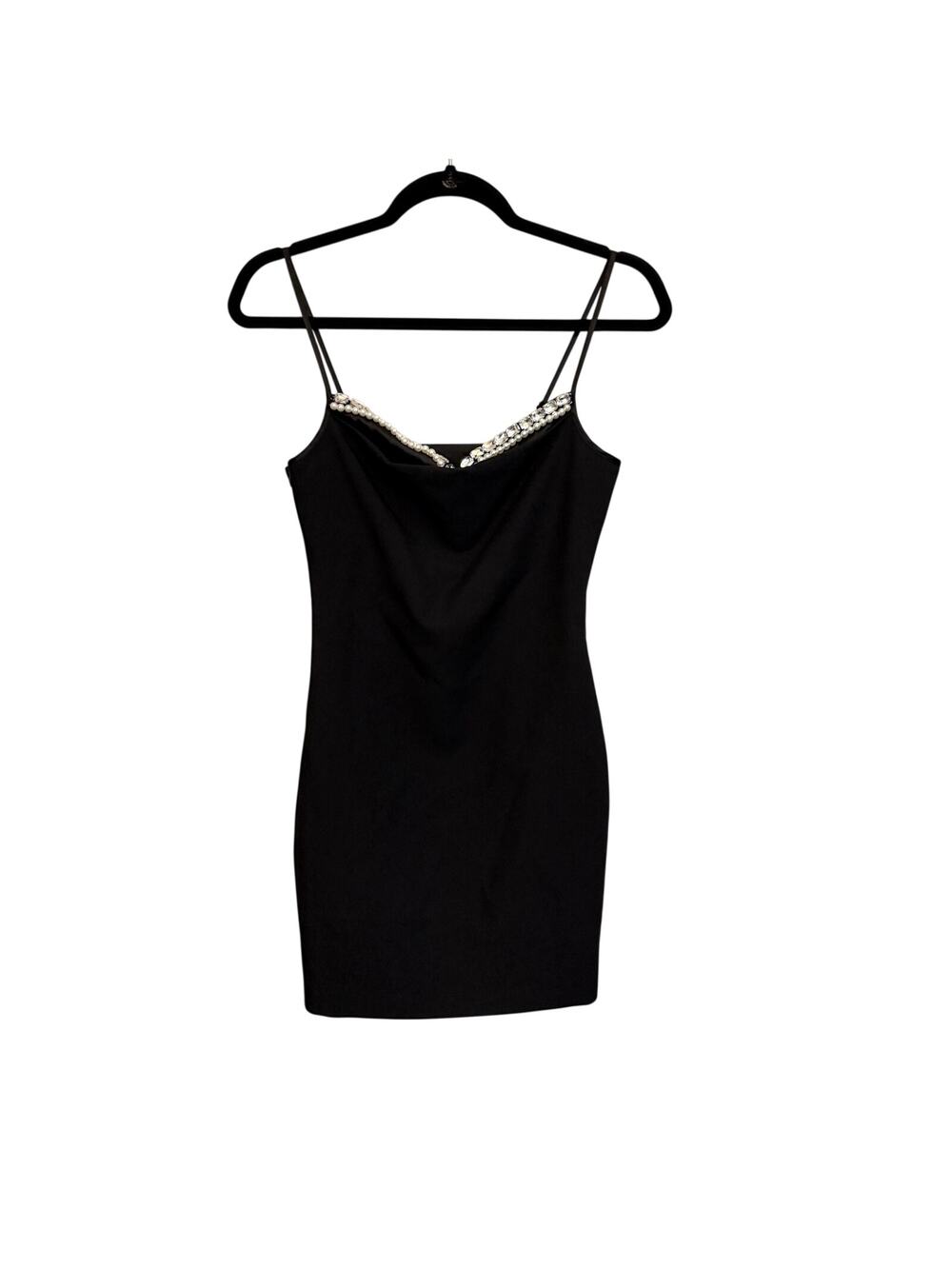 FBB Limit Dress Small Black Embellished Pearl Cowl Neck Y2K Cocktail Party Glam